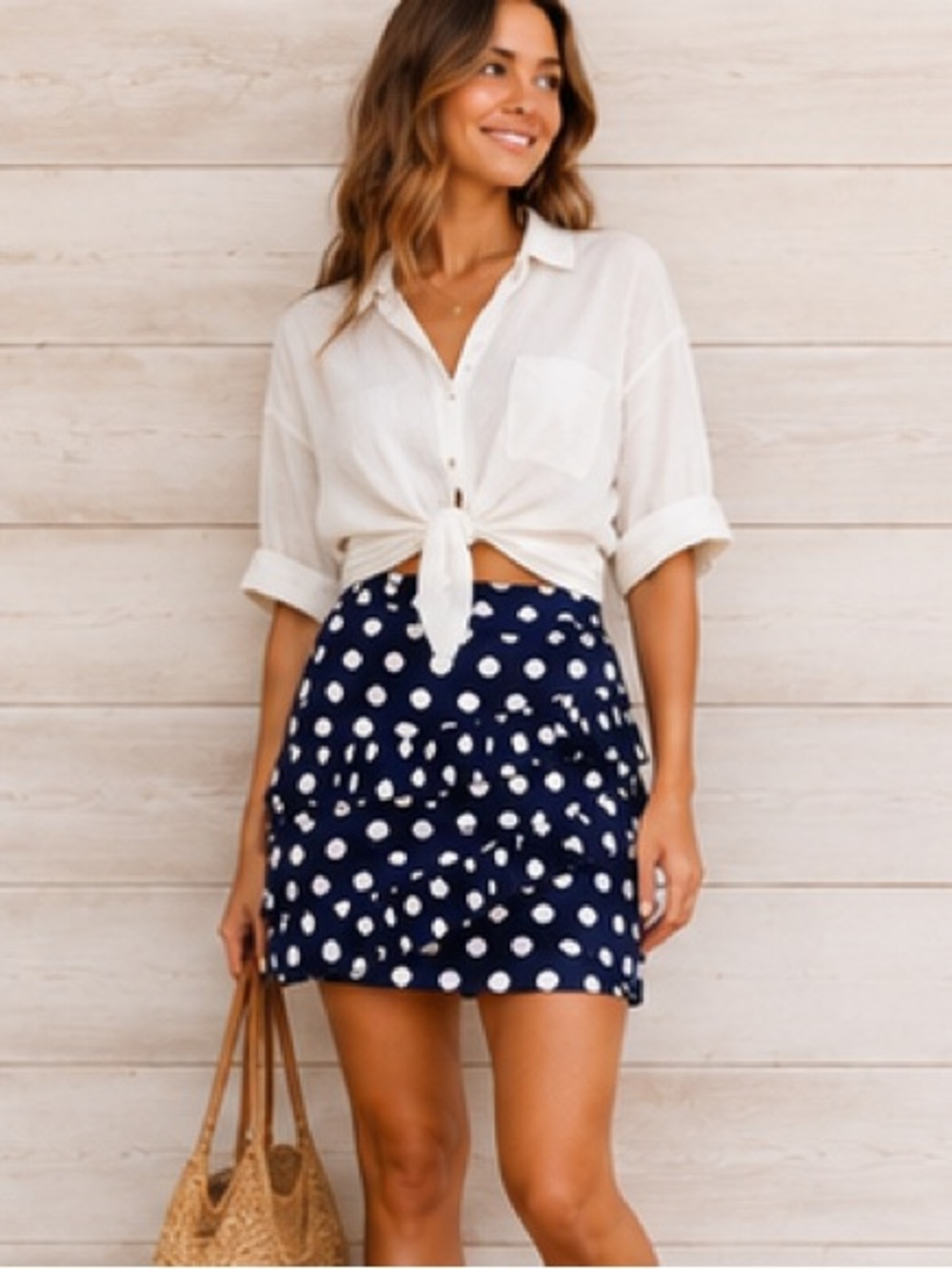 leifsdottir Navy and White Polka Dot Ruffle Mini Skirt